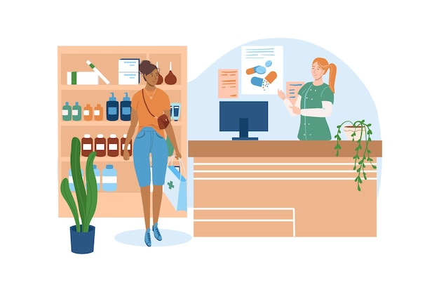 O conceito azul do escritório médico com a cena das pessoas na menina do estilo cartoon plana veio à recepção