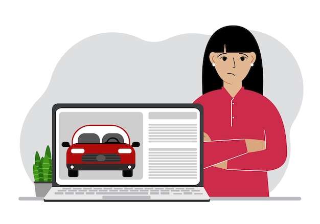 Vetor o conceito de alugar ou comprar um carro uma mulher com um laptop em que site sobre o carro