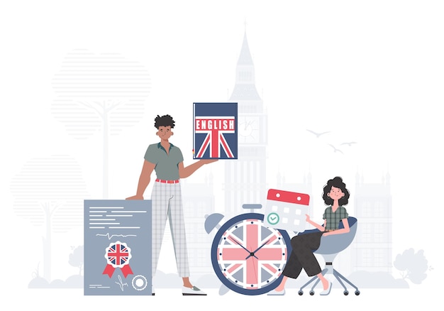 O conceito de aprender inglês Mulher e homem Professores de inglês Estilo moderno plano Vector