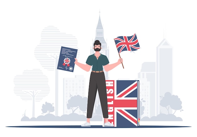 O conceito de aprender inglês O professor masculino mostra que é hora de aprender inglês estilo de moda Ilustração vetorial