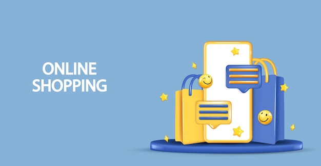 O conceito de compras on-line em um smartphone em um fundo azul Sacos de papel de smartphone 3d realistas Ilustração vetorial