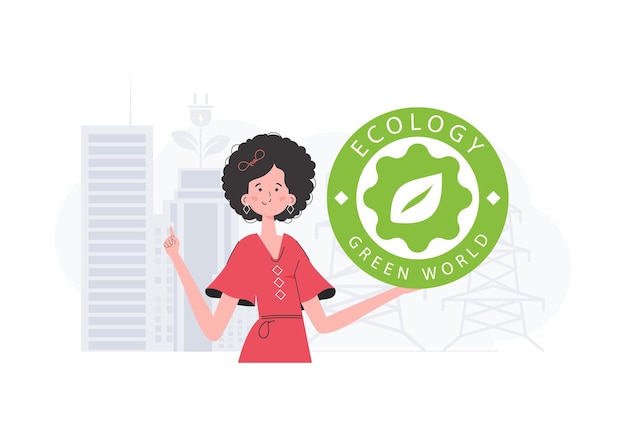 O conceito de ecologia e energia verde a menina segura o logotipo eco em suas mãos ilustração vetorial de estilo moderno