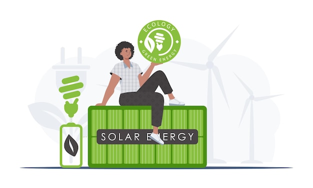 Vetor o conceito de ecologia e energia verde o cara senta-se no painel solar e segura o logotipo eco em suas mãos ilustração de tendência vetorial