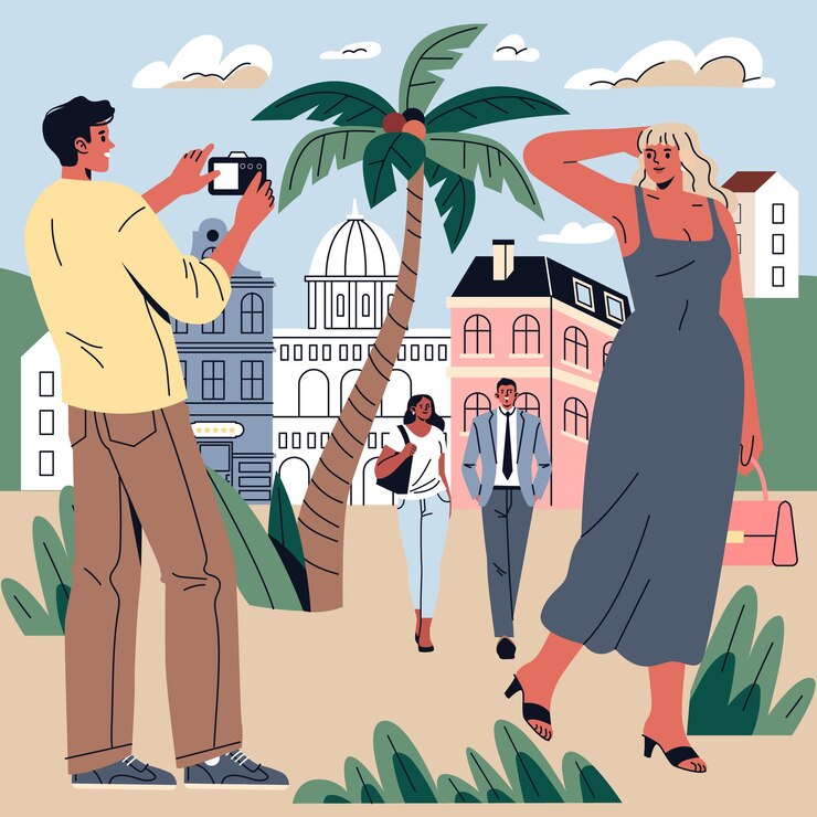 Vetor o conceito de férias os turistas desfrutam de um dia ensolarado numa pitoresca praça da cidade capturando memórias e