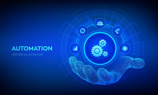 O conceito de iot e software de automação como inovação, melhorando a produtividade em tecnologia e processos de negócio. ícone de automação na mão robótica. ilustração vetorial.