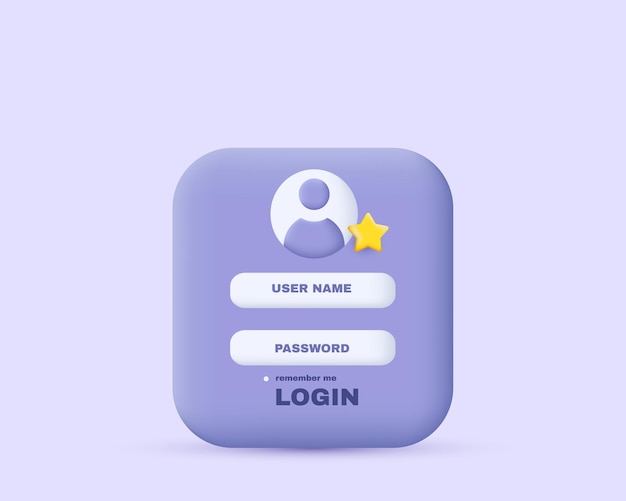 Vetor o conceito de janela de login de usuário de estrela 3d ícone roxo isolado em