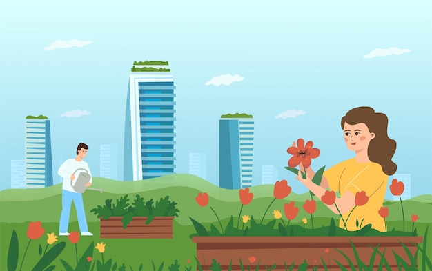 O conceito de jardinagem urbana. uma mulher e um homem cuidam de flores e plantas no fundo de arranha-céus.