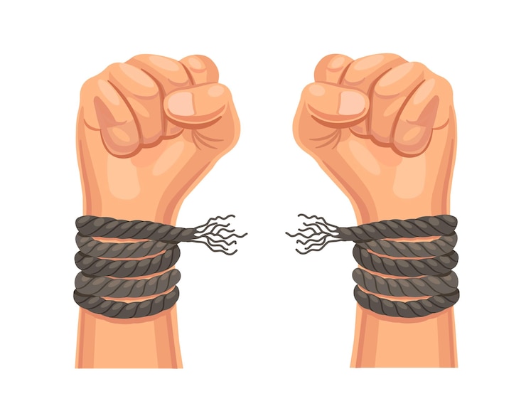 Vetor o conceito de liberdade, uma mão com um punho com uma corda rasgada. ilustração vetorial