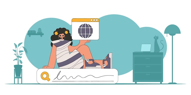 O conceito de pesquisa de informações Uma mulher senta-se em uma barra de pesquisa e segura um navegador da web em suas mãos personagem de estilo retro