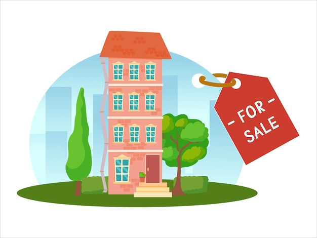 O conceito de uma casa à venda venda ou aluguel de imóveis casa em um terreno com arredores e árvores em estilo cartoon ilustração vetorial isolada no fundo branco
