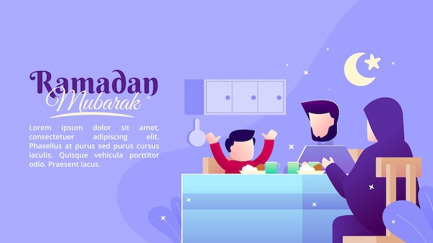 O conceito de uma ilustração plana sobre um jantar com a família na noite do mês de ramadã