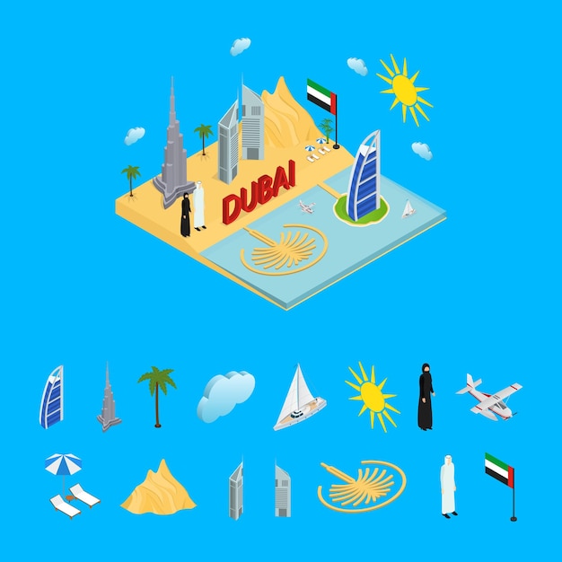 O conceito de viagens e turismo de dubai eau e as peças 3d vista isométrica incluem o deserto da torre do arranha-céu e as pessoas em trajes nacionais ilustração vetorial