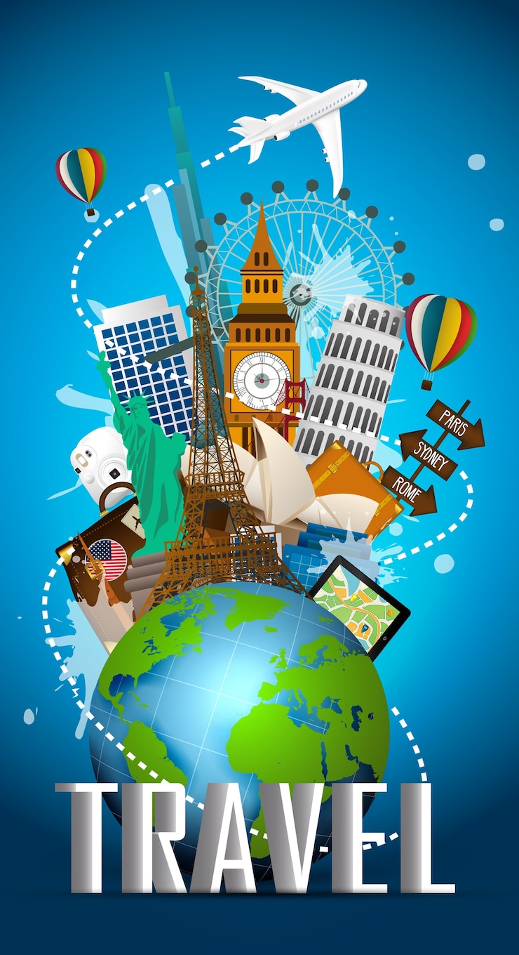 Vetor o conceito de viajar com monumentos famosos do mundo