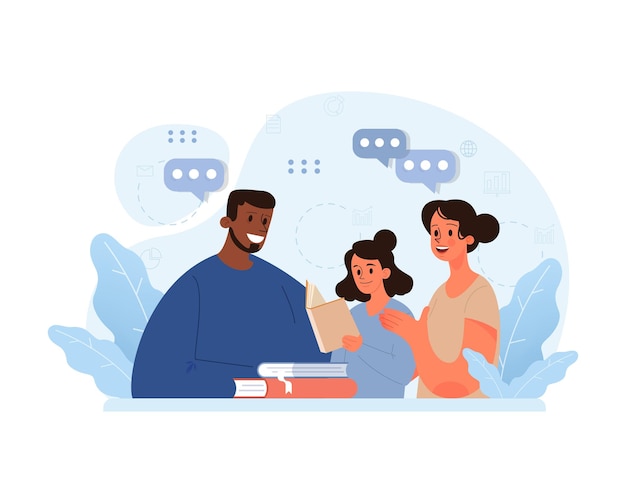 O conceito moderno de família padrasto mãe e filho compartilham um momento amoroso sobre livros enfatizando