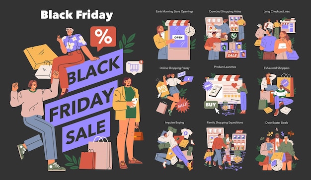 O conjunto da Sexta-feira Negra ilustra a emoção e o caos da temporada de vendas com aberturas antecipadas de lojas.