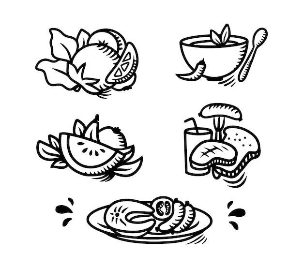 O conjunto de ícones de comida o estilo doodle