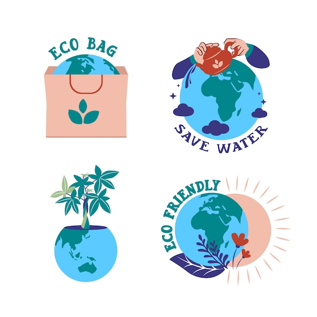 Vetor o conjunto de logotipos de adesivos de planeta projeta emblemas para salvar o planeta