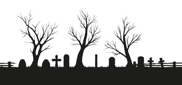 O conjunto vetorial desenhado à mão de árvores mortas em um cemitério com lápides