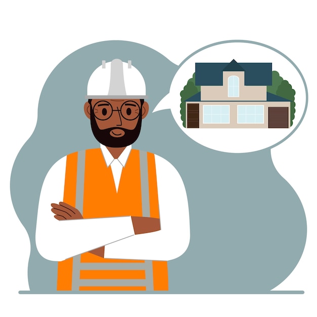 O construtor está pensando em construir uma casa. Um homem sorridente de capacete e colete está planejando um processo de trabalho. Engenheiro, conceito de construção de casa. Vetor