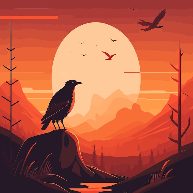 O corvo senta-se em uma pedra incrível vale do pôr do sol inundado com luz laranja quente hp montanhas horizonte preto silhueta contraste mistério noite Conceito de criatividade ilustração vetorial