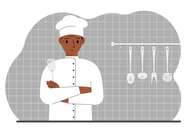 Vetor o cozinheiro feliz segura uma espátula de cozinha na mão ilustração plana vetorial