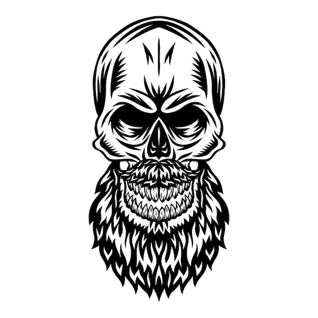 O crânio humano retro do vintage com barba do bigode isolou a ilustração em um fundo branco.