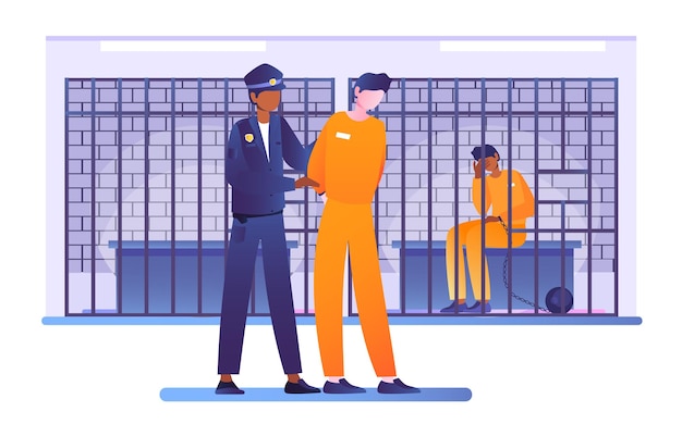 Vetor o criminoso é colocado na prisão. o policial escolta o prisioneiro até à sua cela com barras. trabalho de aplicação da lei.