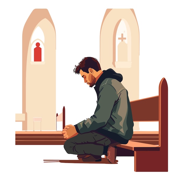 Vetor o cristão senta-se e reza na igreja católica.
