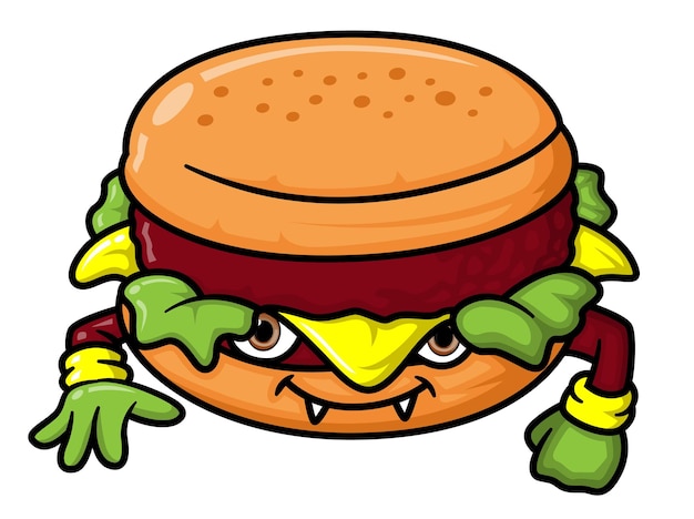 Vetor o delicioso hambúrguer monstro com olhos grandes e vegetais dentro