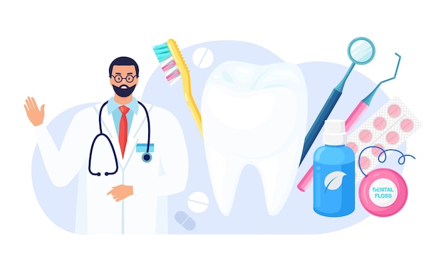 O dentista está verificando, cuidando bem e limpando os dentes. Médico examinando os dentes, cuidando dos dentes e da boca. Cárie, tratamento de cárie