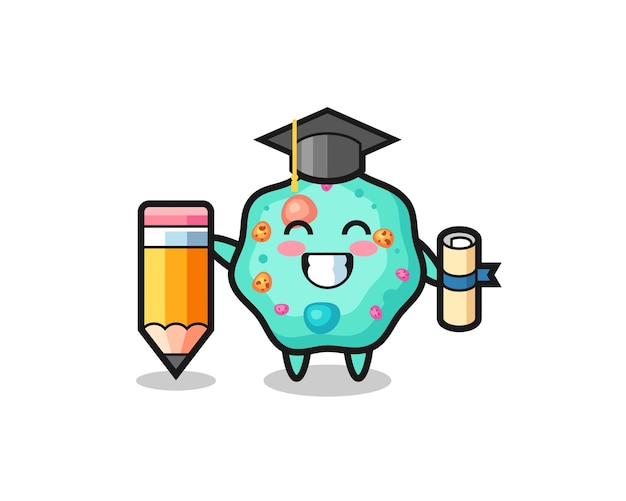 O desenho animado da ilustração da ameba é a graduação com um lápis gigante, design de estilo fofo para camiseta, adesivo, elemento de logotipo