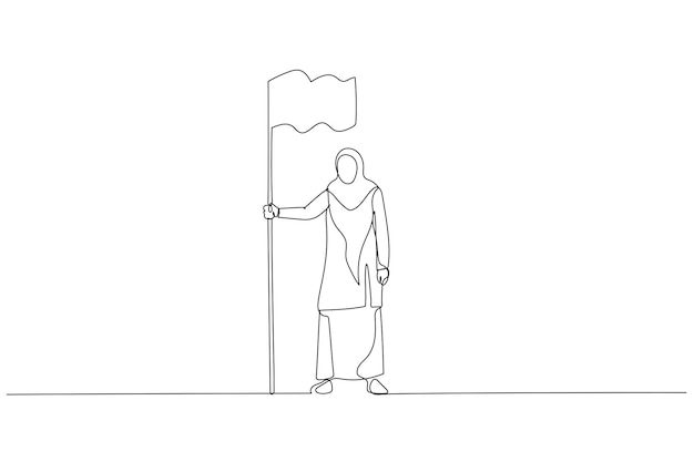 O desenho da empresária muçulmana segura a bandeira demonstra a conquista do objetivo mostrando liderança arte de linha única contínua
