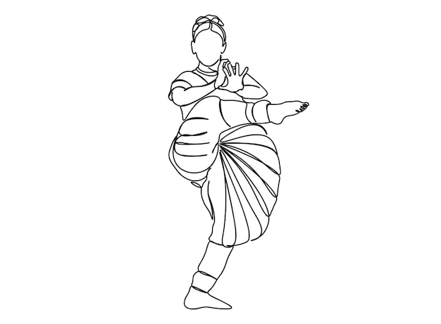 O desenho de arte de linha única indiana tamil dance girl continua a ilustração vetorial de linha