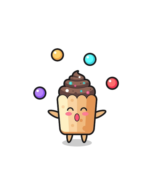 O desenho de circo de cupcake fazendo malabarismo com um design fofo de bola