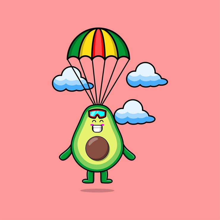 Vetor o desenho de mascote bonito avocado está saltando de paraquedas com paraquedas e gesto feliz, design de estilo moderno bonito