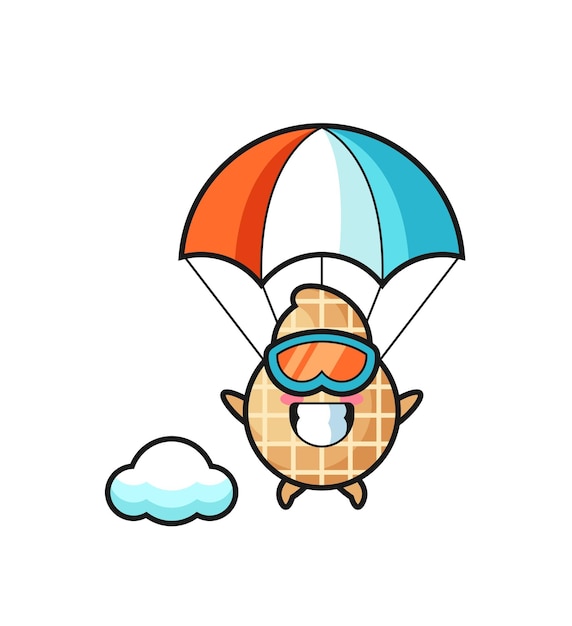 O desenho de mascote de amendoim está saltando de paraquedas com gesto feliz