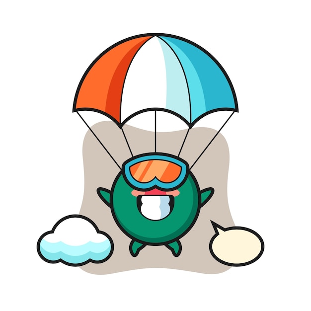 O desenho de mascote de emblema de bandeira de bangladesh está saltando de paraquedas com gesto feliz, design de estilo bonito para camiseta, adesivo, elemento de logotipo