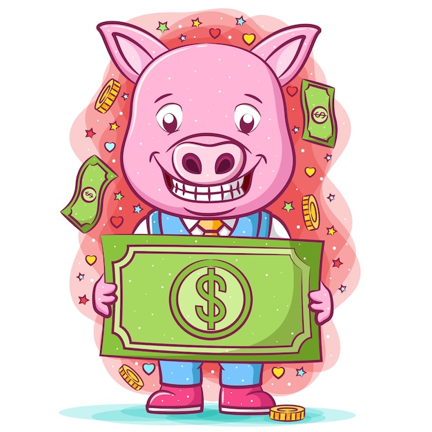 Vetor o desenho do porco rosa segurando o grande dólar