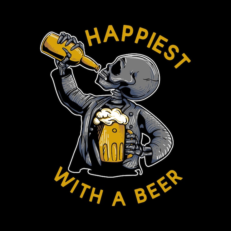 Vetor o design da camiseta mais feliz com uma cerveja com esqueleto carregando um copo de cerveja e bebendo cerveja na garrafa ilustração vintage