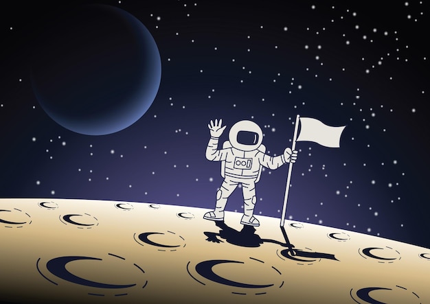 Vetor o design da versão dos desenhos animados do astronauta segura a bandeira na superfície da ilustração do vetor lunar