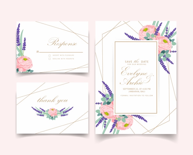 O design floral do modelo do cartão do convite do casamento com ranúnculo aumentou e flores da lavanda.