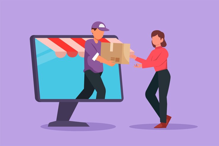 Vetor o design gráfico plano que desenha o mensageiro masculino sai da tela do computador do monitor do dossel e dá a caixa do pacote para o cliente do sexo feminino metáfora de entrega on-line de resposta rápida ilustração em vetor estilo cartoon