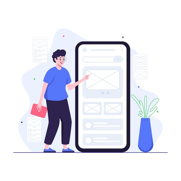 Vetor o designer de ui cria wireframe antes de projetar o aplicativo