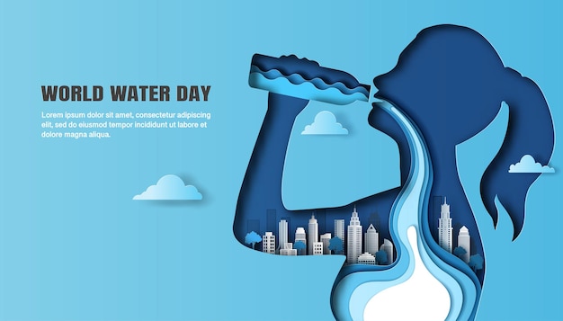 Vetor o dia mundial da água, uma mulher bebendo água e a água fluem por seu corpo com um plano de fundo da cidade.