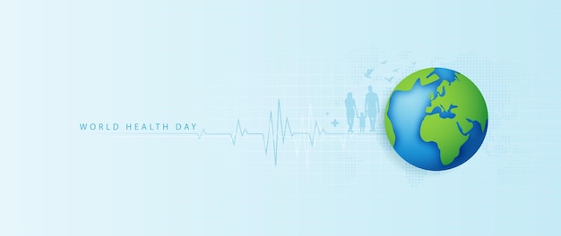 Vetor o dia mundial da saúde é um dia global de conscientização sobre a saúde comemorado todos os anos em 7 de abril. cuidados de saúde, ciência médica com ícone, tecnologia digital, conceito mundial, design vetorial de negócios modernos.