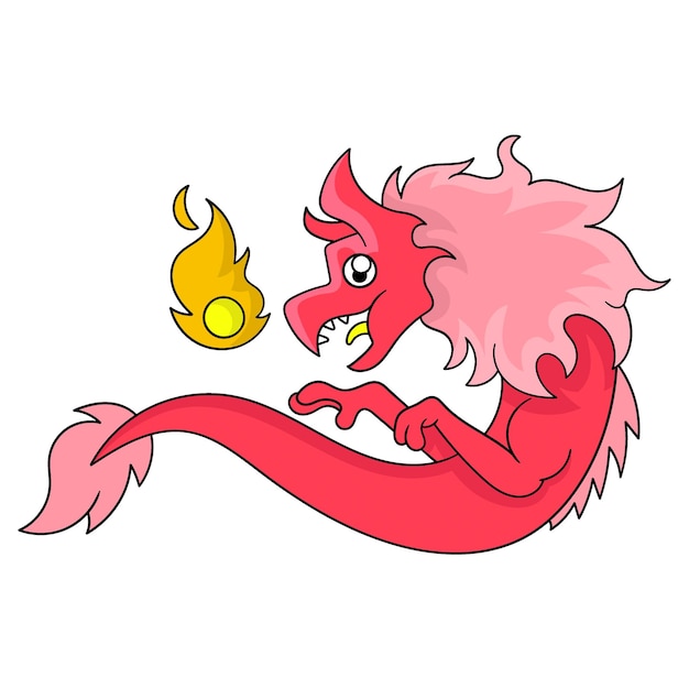 O dragão voador vermelho atira a imagem do ícone do doodle da bola de fogo kawaii