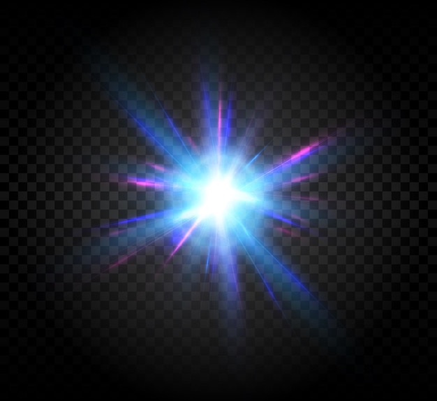 O efeito da luz solar azul brilhante estrela azul cintilante em um fundo preto efeito de luz brilhante