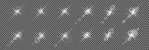 O efeito de flashes e luz conjunto de estrelas explosão de efeito de luz em um fundo transparente