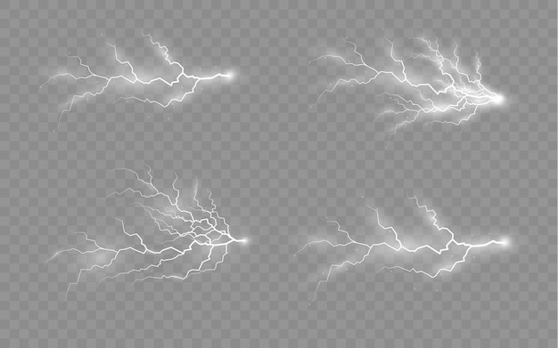 Vetor o efeito do relâmpago e conjunto de iluminação de trovoada de zíperes e relâmpagos iluminam e brilham