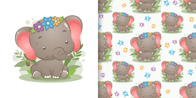 O elefante bebê colorido com a coroa de flores sentado no jardim da ilustração